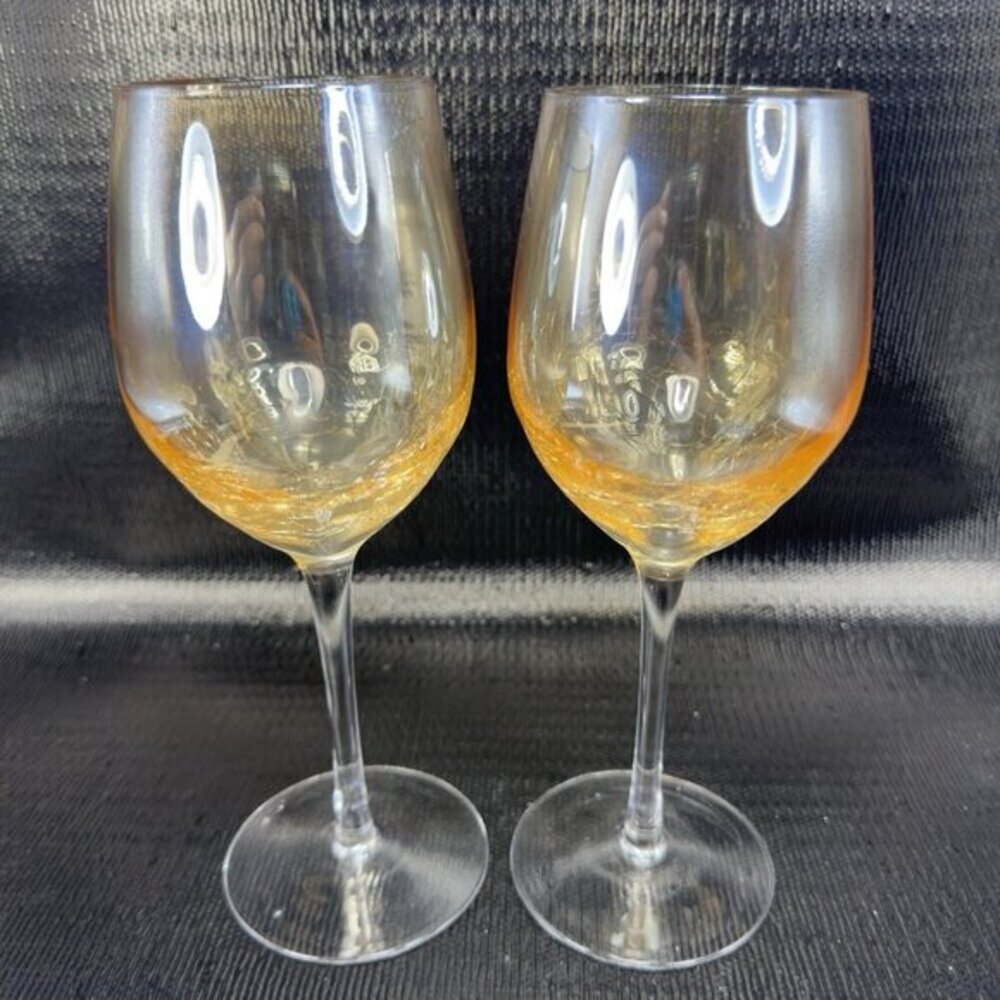 Pier 1 Crackle Glass Goblet Glasses Cups Stemware Gold Yellows Luster Finish VTG - Picture 13 of 13